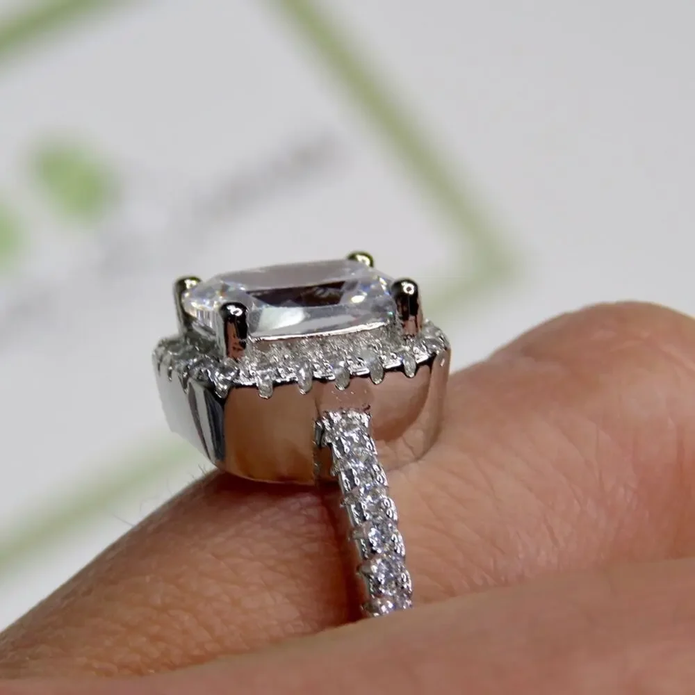 Macy's Square Cut Sterling Silver Moissanite Diamond Halo Ring S925 Size 7
